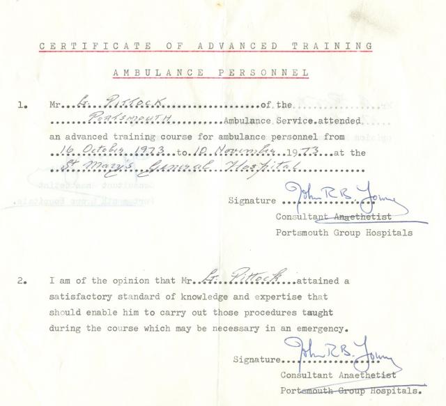 Advanced Training Certificate 1973.