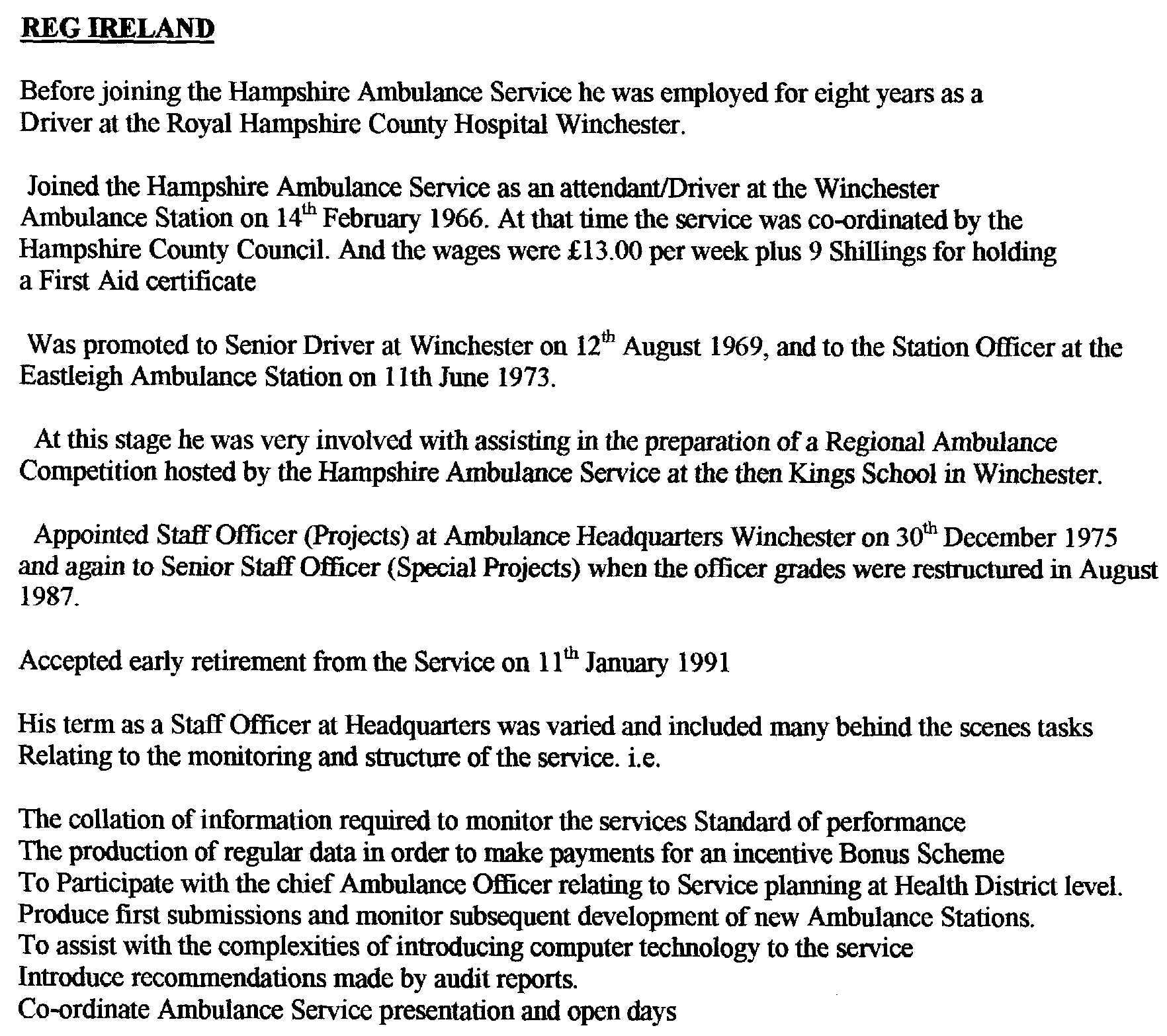 Reg Ireland's Career History.