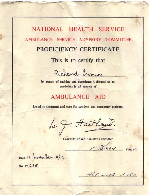 Portsmouth Ambulance Service Proficiency Certificate.