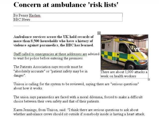 Concern at Ambulance Risk Lists.