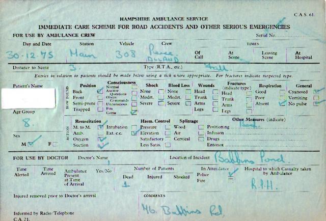 Emergency Call Report Form CAS 61. 1975.