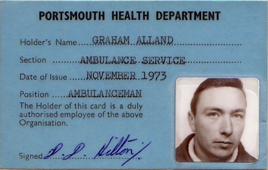 Portsmouth Ambulance Service ID Card 1973.
