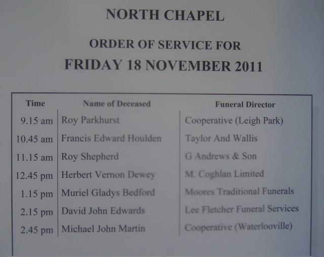 Roy Parkhurst Funeral, 09.15 hrs November 18th, 2011.